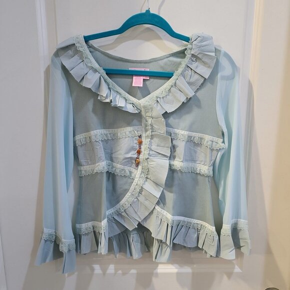 Aryeh ✦ Mint Green Ruffle Lace Long Sleeve Blouse ✦ Boho Romantic Feminine L - Picture 10 of 11